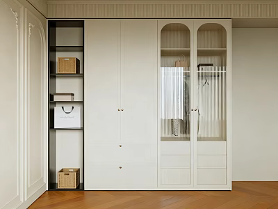 Modern White Wardrobe Interior With Open Shelves Glass Doors Drawers And Wooden Floor 3d model