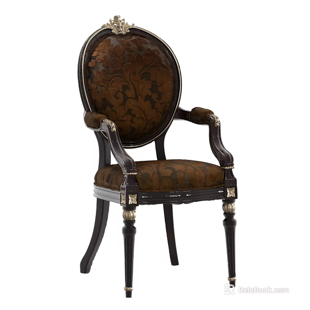 Classic Armchair With Carved Armrests Patterned Fabric Dark Wooden Legs And Gold Accents 3d model 