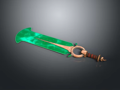 Green Weapon Blade With Copper Handle And Intricate Decorative Ring Design 3d model