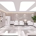Modern Lounge Area Design With White Sofas Green Plants And Wall Decorations 3d model