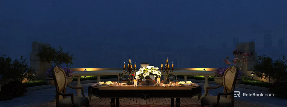 Dining Table Set Featuring Candle Holders Floral Arrangement Tableware in Outdoor Night with Railing Lighting 3d model 