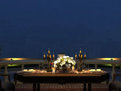 Dining Table Set Featuring Candle Holders Floral Arrangement Tableware in Outdoor Night with Railing Lighting 3d model