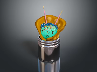 Green Ice Cream Ball With Colorful Sprinkles In Yellow Wrapper And Metal Container 3d model