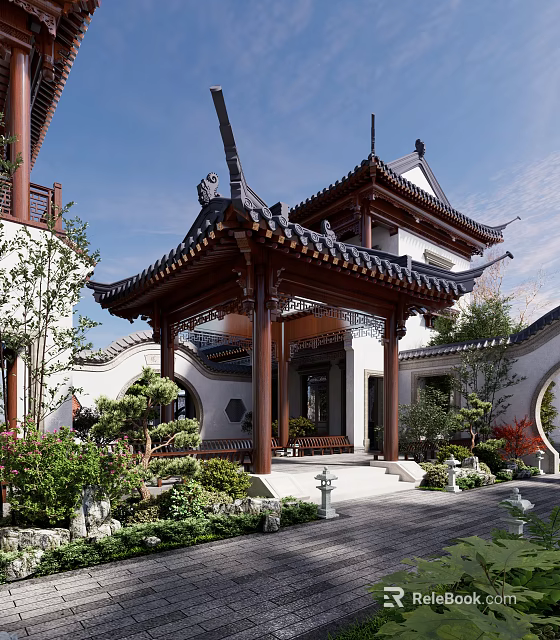 Traditional Chinese Courtyard Garden with Classic Wooden Pavilion Rockery Circular Arch and Lush Green Plants 3d model 
