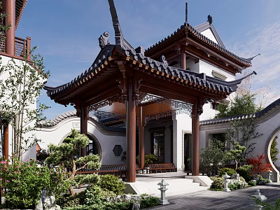 Traditional Chinese Courtyard Garden with Classic Wooden Pavilion Rockery Circular Arch and Lush Green Plants 3d model