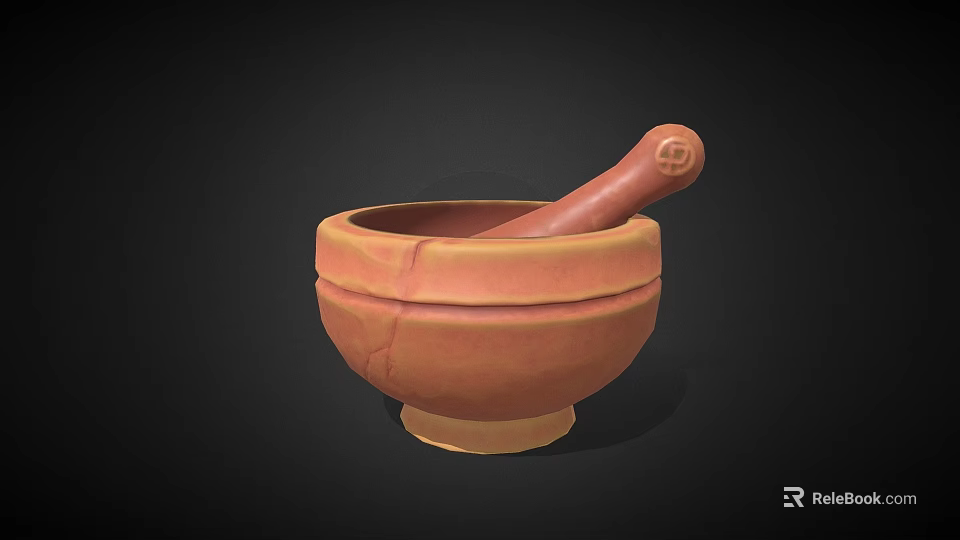 Ceramic Mortar and Pestle with Terracotta Crackled Texture and Wooden Pestle Inside 3d model 