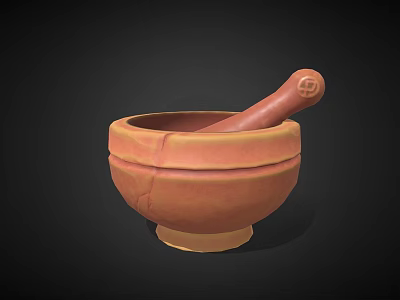 Ceramic Mortar and Pestle with Terracotta Crackled Texture and Wooden Pestle Inside 3d model