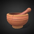 Ceramic Mortar and Pestle with Terracotta Crackled Texture and Wooden Pestle Inside