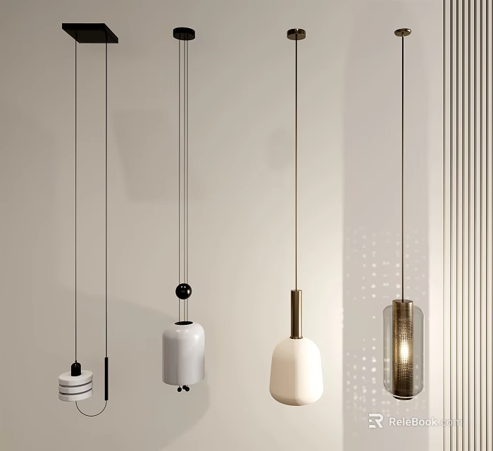 Modern Pendant Lights with Various Designs Hanging in Minimalist Interior Space 3d model 