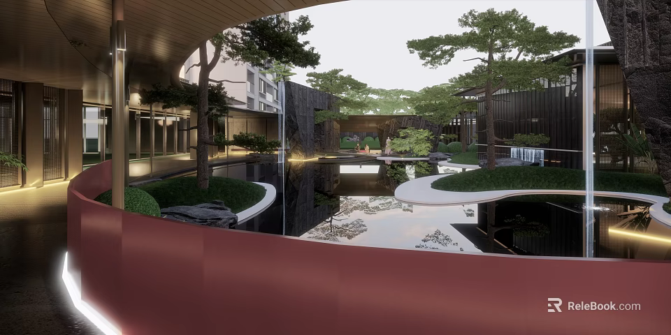 Modern Garden Landscape With Pond Curved Pathway Green Trees And Stone Decorations 3d model 