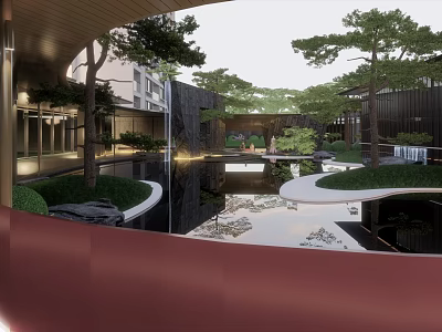 Modern Garden Landscape With Pond Curved Pathway Green Trees And Stone Decorations 3d model