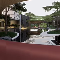 Modern Garden Landscape With Pond Curved Pathway Green Trees And Stone Decorations
