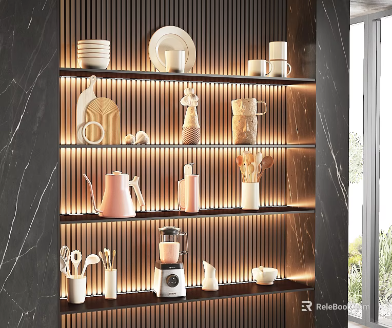 Modern Decorative Ornament Set With Shelves Lighting Kitchen Utensils Deer Figurine Plates And Mugs 3d model 