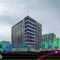 Modern High Rise Office Building With Glass Curtain Wall Urban Street Pedestrians And Vehicles