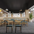 Modern Restaurant Interior With Wooden Slat Ceiling Green Pendant Light Bar Area And Dining Seats