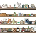 Decorative Ornament Set with Animal Figurines Books Small Plants and Photo Frames on Wooden Shelves