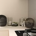 Modern Restaurant Kitchen Interior With White Cabinets White Countertops Black Refrigerator And Dining Chairs