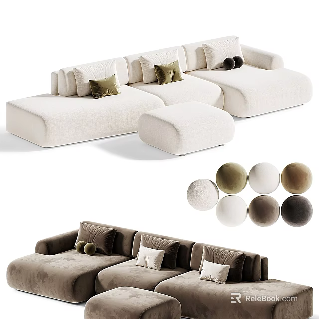 Cozy White Brown Sectional Sofa With Green Beige Cushions And Ottoman 3d model 