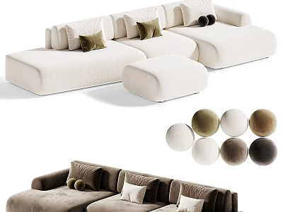 Cozy White Brown Sectional Sofa With Green Beige Cushions And Ottoman 3d model