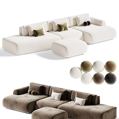 Cozy White Brown Sectional Sofa With Green Beige Cushions And Ottoman 3d model