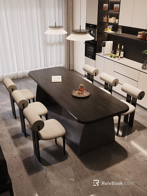 Modern Dining Table Set With Black Wooden Top And Six Beige Fabric Chairs 3d model 