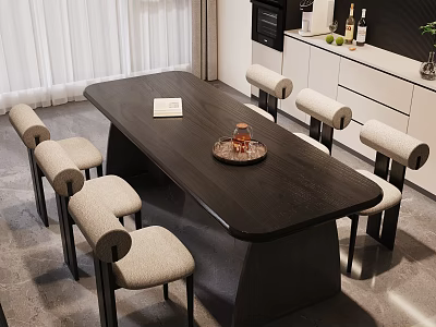 Modern Dining Table Set With Black Wooden Top And Six Beige Fabric Chairs 3d model