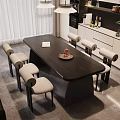 Modern Dining Table Set With Black Wooden Top And Six Beige Fabric Chairs