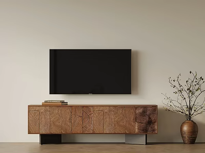 Modern Living Room Interior Featuring Wooden TV Stand Flat Screen TV And Decorative Vase 3d model