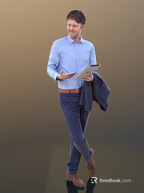 A Man In Blue Shirt And Pants Holding Tablet And Carrying Suit Jacket 3d model 