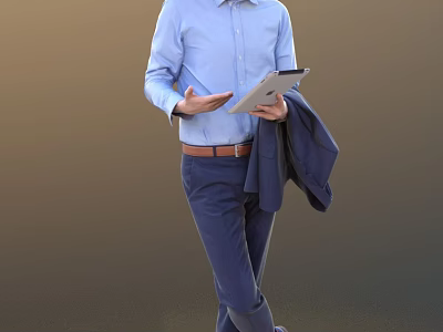 A Man In Blue Shirt And Pants Holding Tablet And Carrying Suit Jacket 3d model