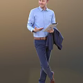 A Man In Blue Shirt And Pants Holding Tablet And Carrying Suit Jacket