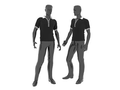 Two Male Models Wearing Black Polo Shirts And Long Pants Front Side Views 3d model