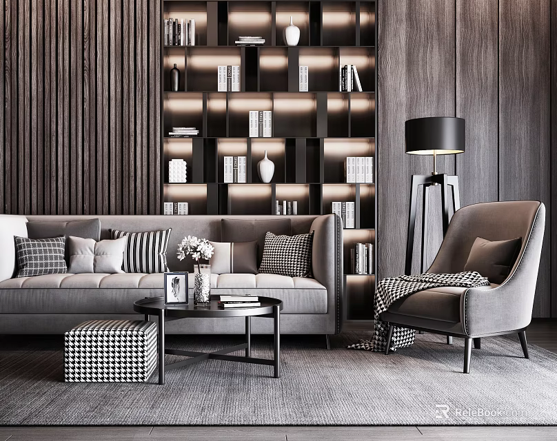 Stylish Living Room Interior With Sofa Coffee Table Set Armchair Bookshelf And Floor Lamp 3d model 