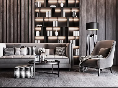 Stylish Living Room Interior With Sofa Coffee Table Set Armchair Bookshelf And Floor Lamp 3d model