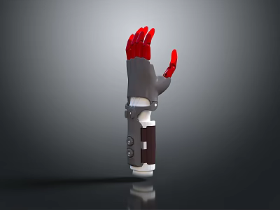 Detailed Mechanical Arm Design with Red Hand and Gray Structure Featuring Functional Buttons and Joints 3d model