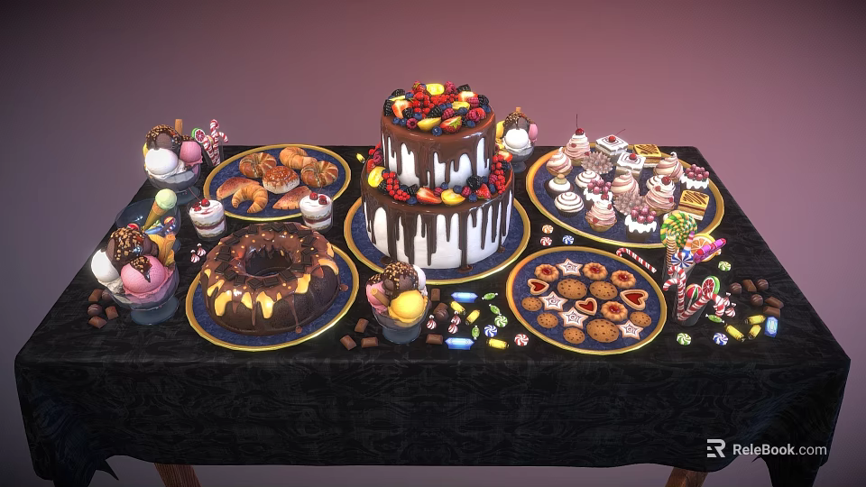 Assorted Dessert Display With Multi Layer Cake Donuts Cupcakes Cookies And Chocolates 3d model 