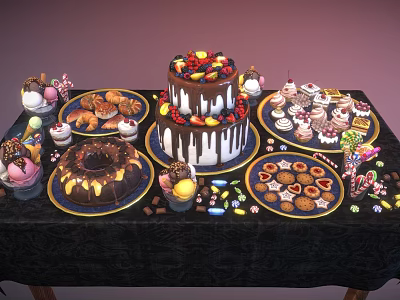 Assorted Dessert Display With Multi Layer Cake Donuts Cupcakes Cookies And Chocolates 3d model