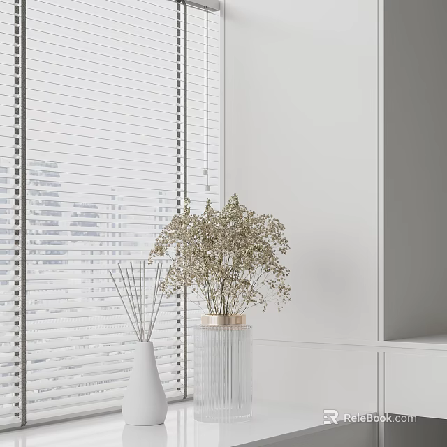 Minimalist White Interior With Transparent Vase And Dried Flowers By Window Blinds 3d model 