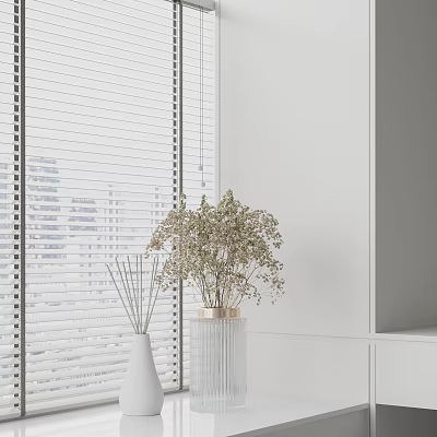 Minimalist White Interior With Transparent Vase And Dried Flowers By Window Blinds 3d model