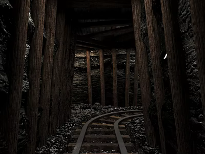 Mine Tunnel Roadway Infrastructure With Wooden Supports And Gravel Covered Rail Tracks 3d model