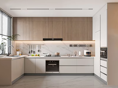 Modern Kitchen Interior With Wooden Cabinets White Countertops And Built-in Appliances 3d model