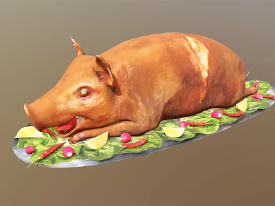 Whole Roasted Pig Garnished with Lemon Slices and Fresh Vegetables on Platter 3d model