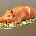 Whole Roasted Pig Garnished with Lemon Slices and Fresh Vegetables on Platter