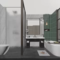 Hotel Guest Room Modern Bathroom With Marble Walls And Freestanding Bathtub Glass Shower Enclosure Vanity
