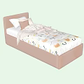 Modern Single Bed Setup With Light Brown Headboard Gray Purple Pillows And Plaid Blanket