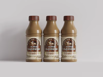 Brown Bottled Coffee Beverage with Three Glass Bottles and Classic Labels 3d model