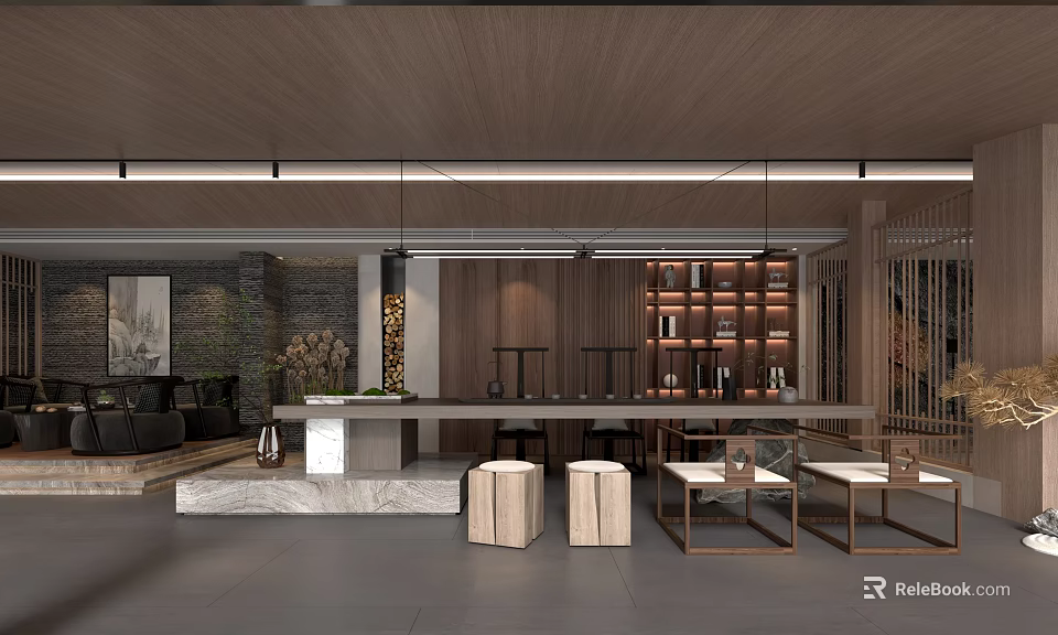 Traditional Tea House Interior With Wooden Ceiling Stone Counter And Shelves 3d model 