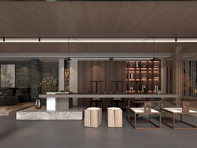 Traditional Tea House Interior With Wooden Ceiling Stone Counter And Shelves 3d model