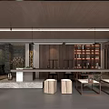 Traditional Tea House Interior With Wooden Ceiling Stone Counter And Shelves