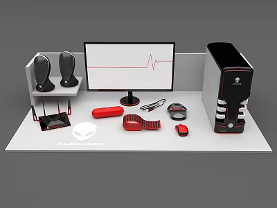 Black And Red Desktop Computer Setup With Monitor Headphones Mouse And Accessories 3d model